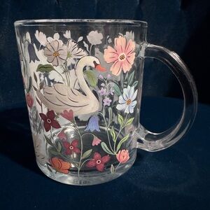 Clementine Paper Swan & Floral Glass Coffee Mug Botanical Pattern NWT